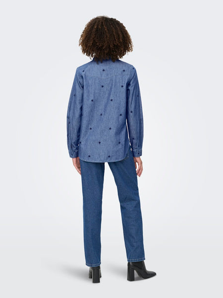 JDY Denim Embroidered Heart Shirt in Medium Blue