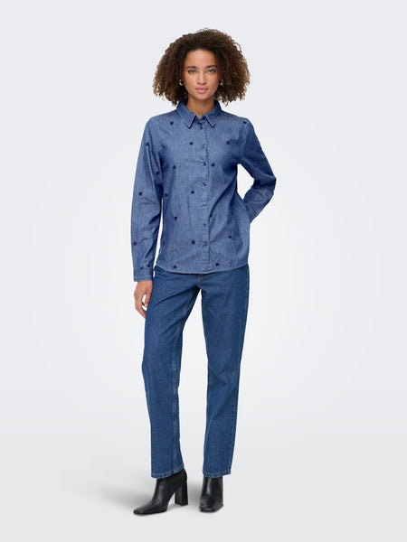 JDY Denim Embroidered Heart Shirt in Medium Blue