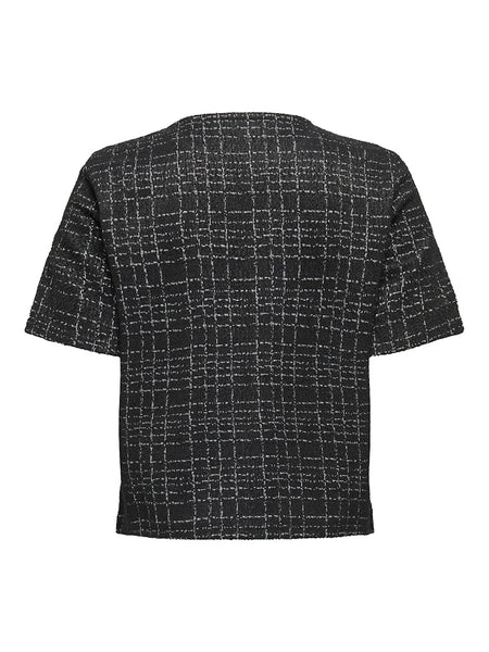 JDY Checked Short Sleeve Button Detail Top in Black