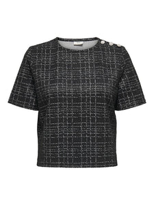 JDY Checked Short Sleeve Button Detail Top in Black