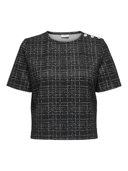 JDY Checked Short Sleeve Button Detail Top in Black