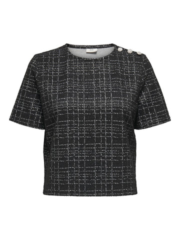 JDY Checked Short Sleeve Button Detail Top in Black