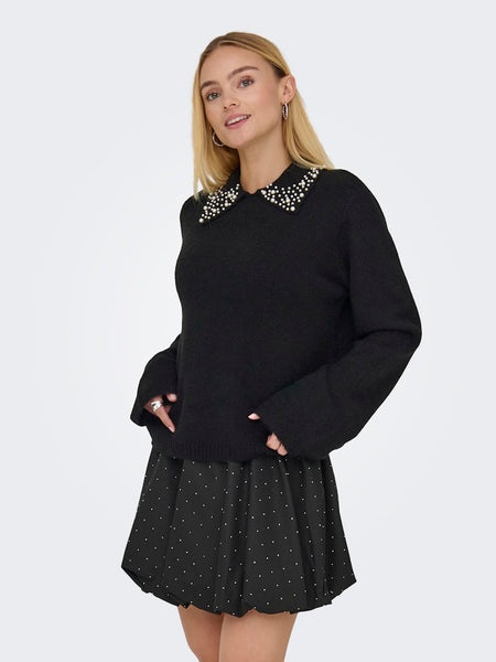 JDY Knitted Pearl Collar Jumper in Black