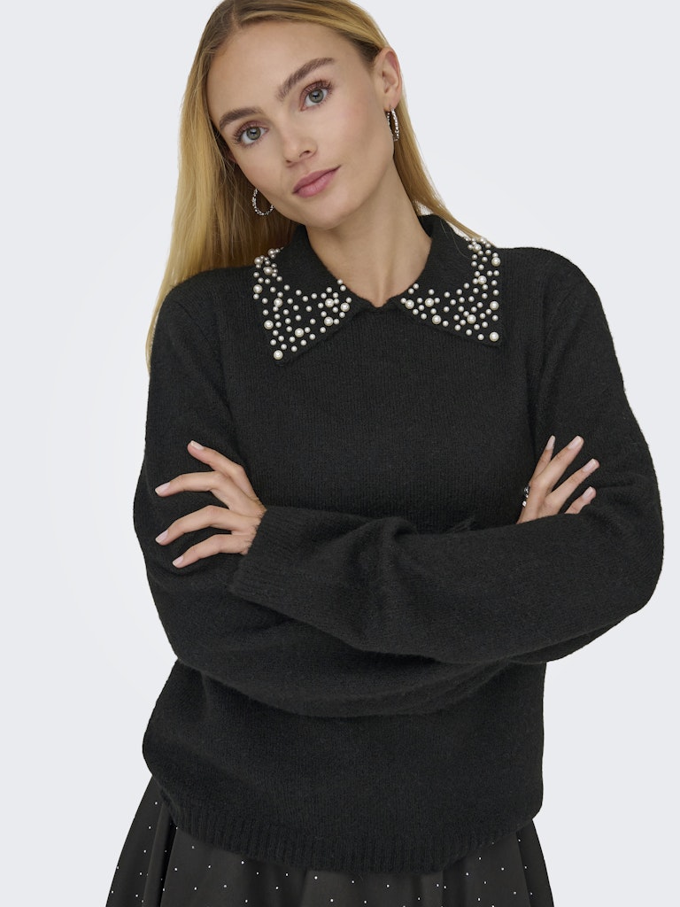 JDY Knitted Pearl Collar Jumper in Black