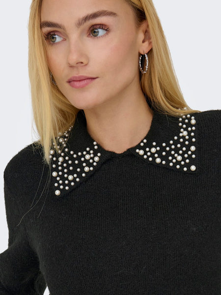 JDY Knitted Pearl Collar Jumper in Black