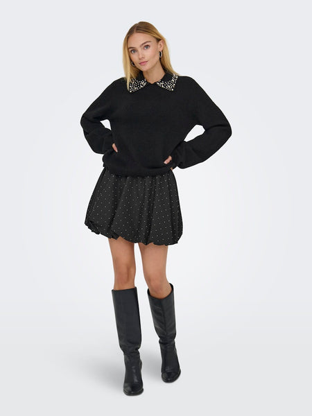 JDY Knitted Pearl Collar Jumper in Black