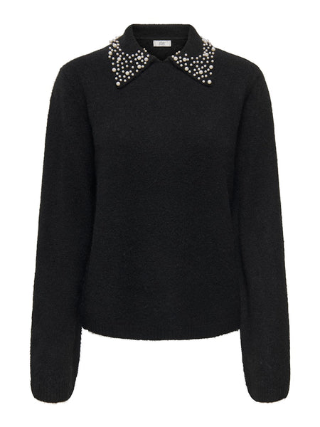 JDY Knitted Pearl Collar Jumper in Black