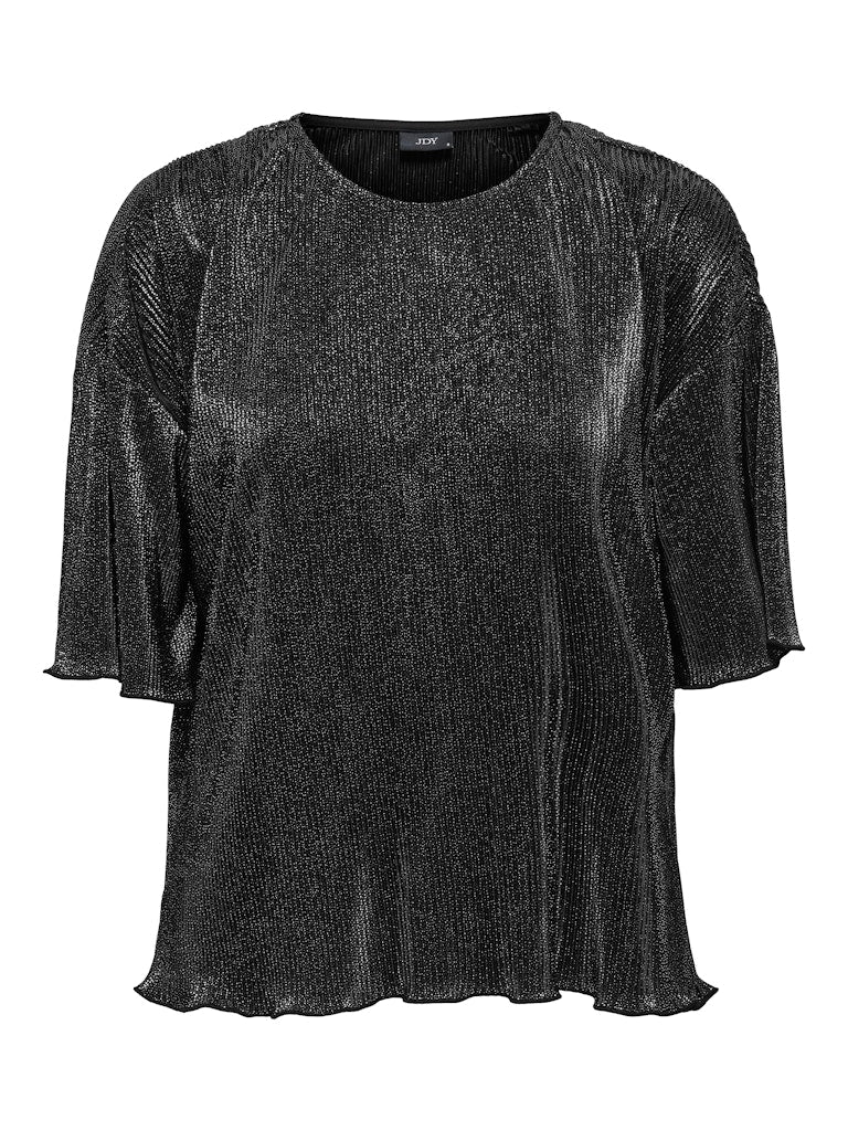 JDY Short Sleeve Glitter Plisse Top in Black