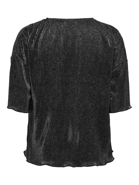JDY Short Sleeve Glitter Plisse Top in Black