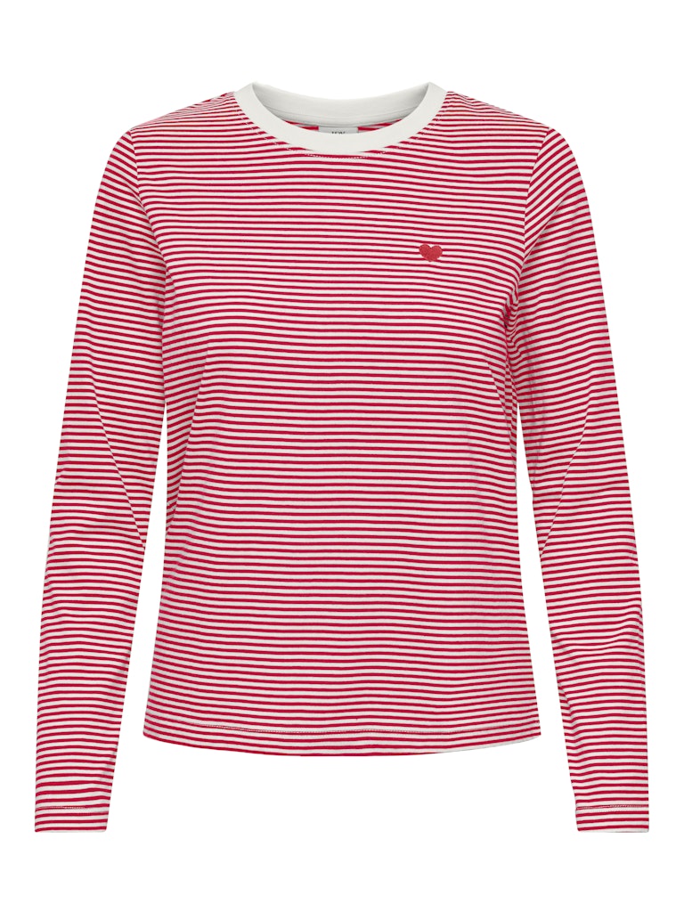 JDY Striped Embroidered Heart Long Sleeve Top in Red