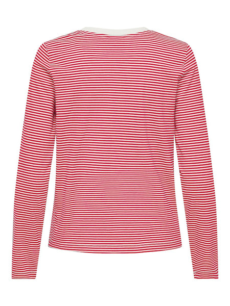 JDY Striped Embroidered Heart Long Sleeve Top in Red
