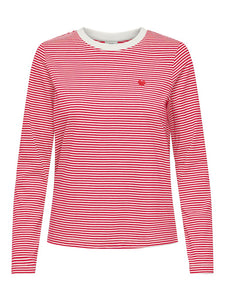 JDY Striped Embroidered Heart Long Sleeve Top in Red