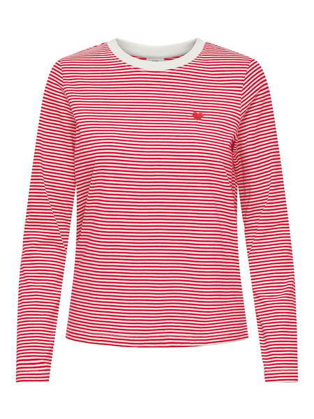 JDY Striped Embroidered Heart Long Sleeve Top in Red