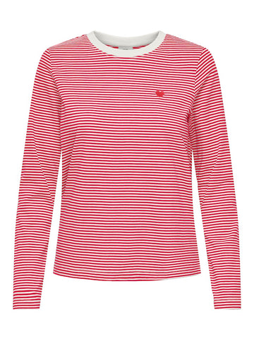 JDY Striped Embroidered Heart Long Sleeve Top in Red