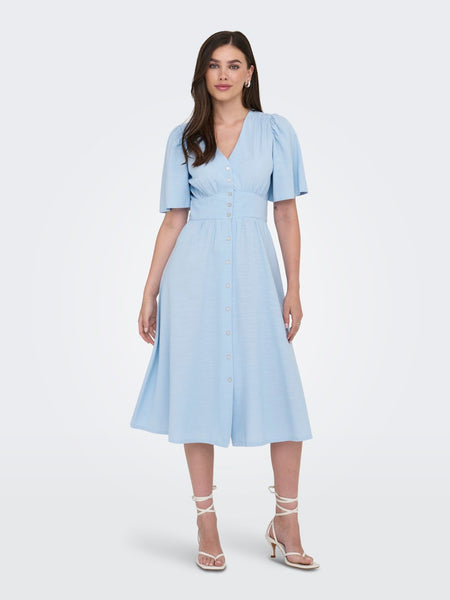 JDY Short Sleeve V-Neck Midi Dress in Blue