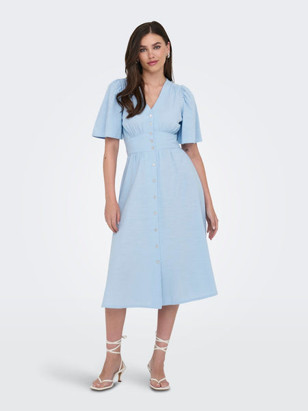JDY Short Sleeve V-Neck Midi Dress in Blue