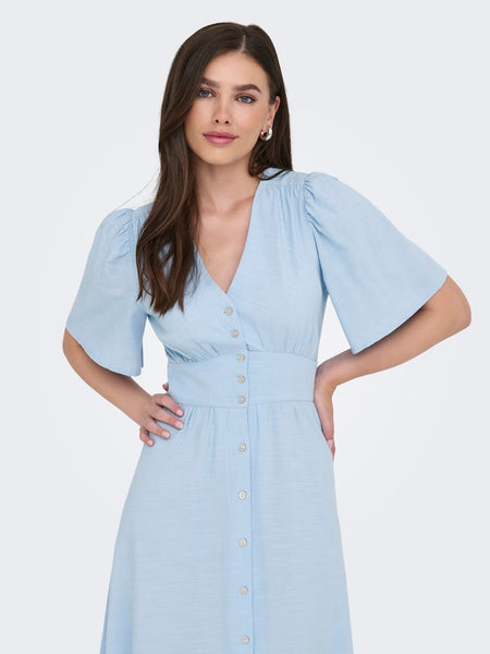 JDY Short Sleeve V-Neck Midi Dress in Blue