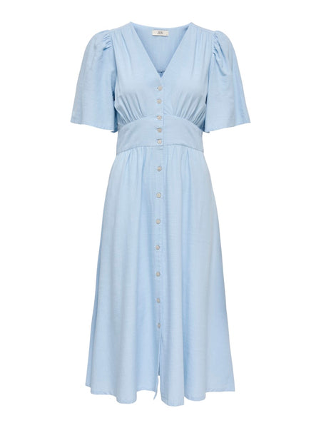 JDY Short Sleeve V-Neck Midi Dress in Blue