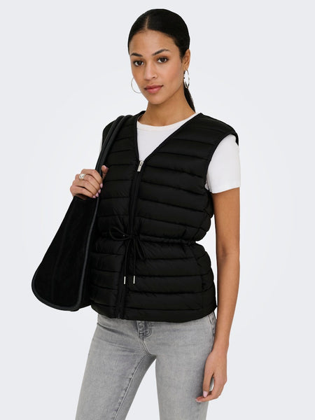 JDY Quilted Tie Gilet in Black