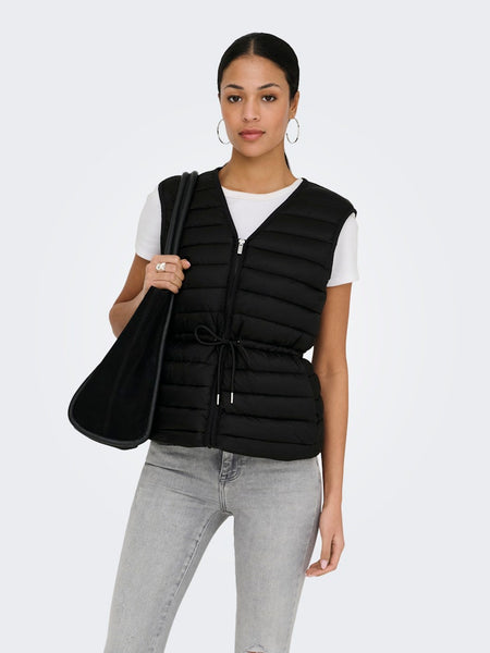 JDY Quilted Tie Gilet in Black