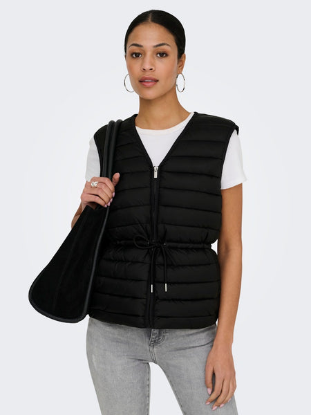 JDY Quilted Tie Gilet in Black
