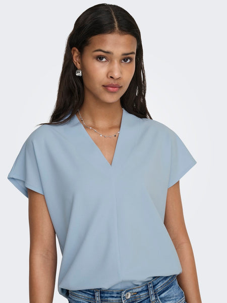 JDY Short Sleeve V-Neck Top in Blue