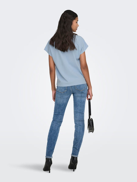 JDY Short Sleeve V-Neck Top in Blue