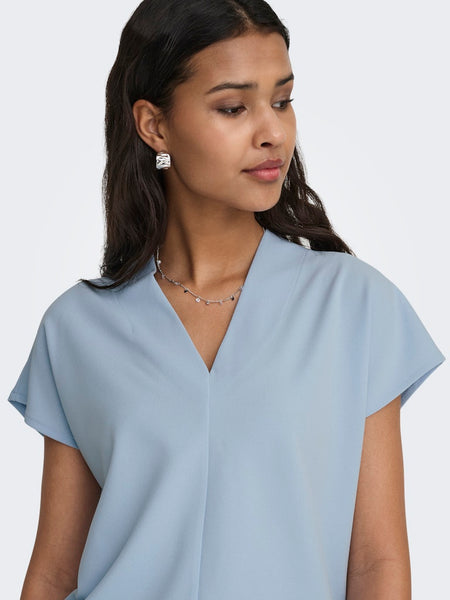 JDY Short Sleeve V-Neck Top in Blue