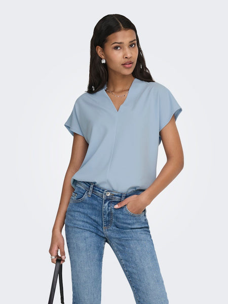 JDY Short Sleeve V-Neck Top in Blue