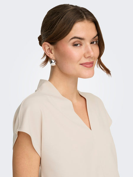 JDY Short Sleeve V-Neck Top in Beige