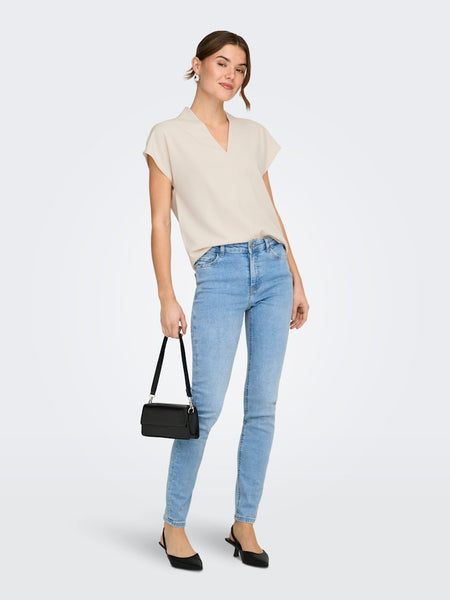 JDY Short Sleeve V-Neck Top in Beige