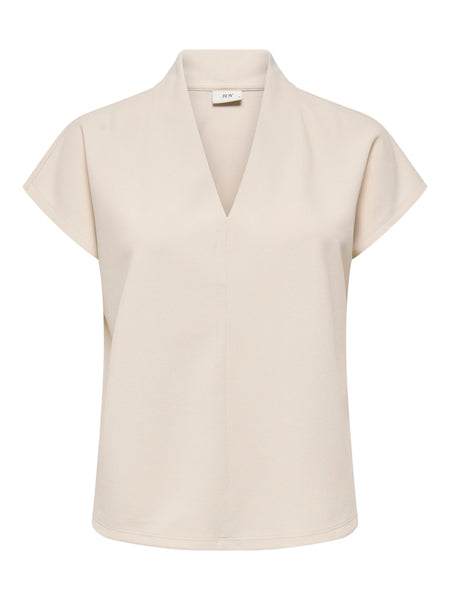 JDY Short Sleeve V-Neck Top in Beige
