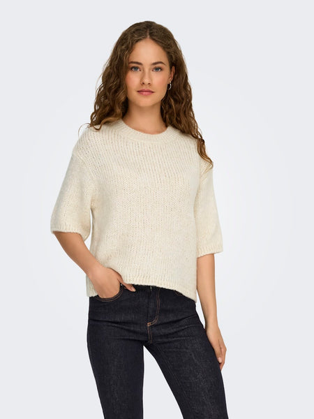 JDY Short Sleeve Knit Top in Cream