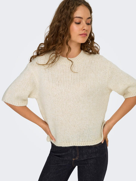 JDY Short Sleeve Knit Top in Cream