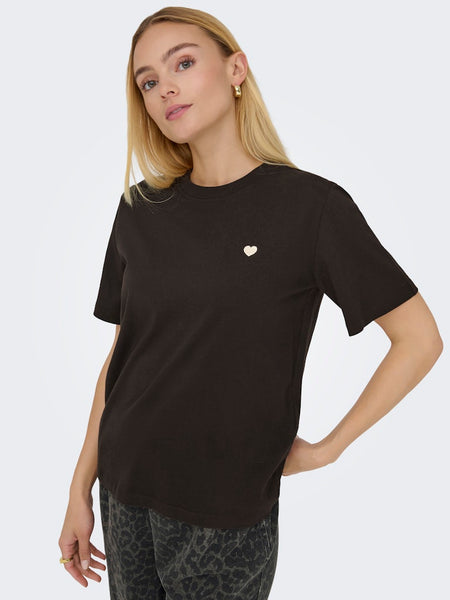 JDY Embroidered Heart T-Shirt in Chocolate