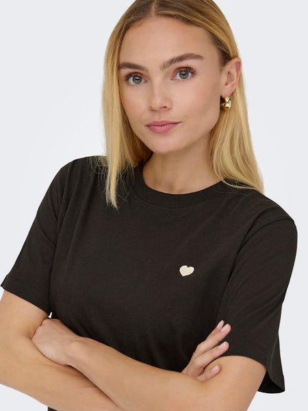 JDY Embroidered Heart T-Shirt in Chocolate