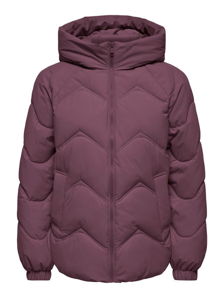 JDY Short Puffer Jacket with Hood in Burgundy