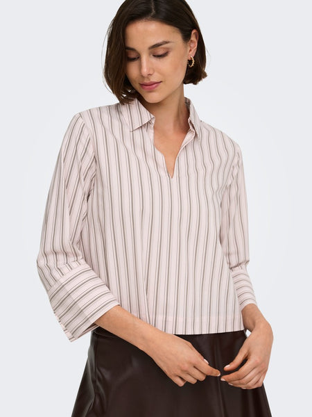 JDY Striped 3/4 Sleeve V-Neck Shirt in Pink