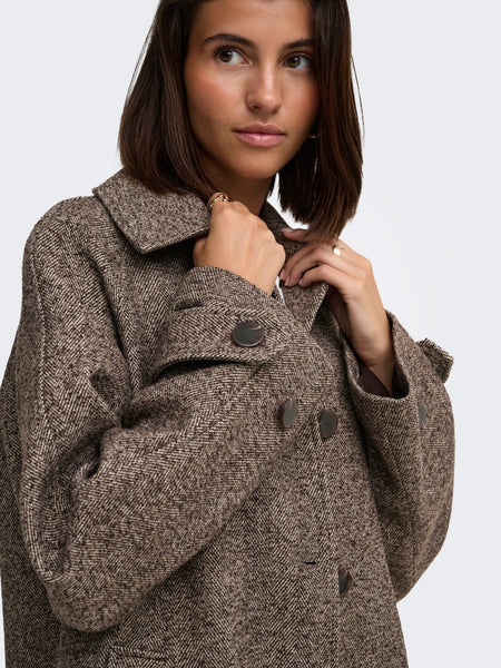 JDY Long Herringbone Coat in Chocolate