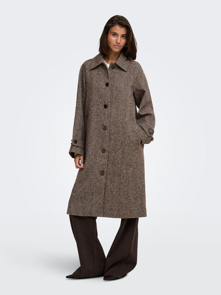 JDY Long Herringbone Coat in Chocolate