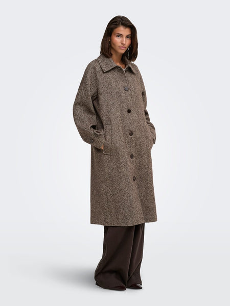 JDY Long Herringbone Coat in Chocolate