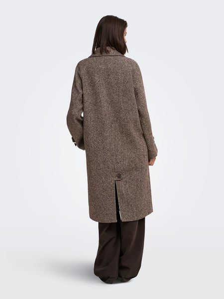 JDY Long Herringbone Coat in Chocolate