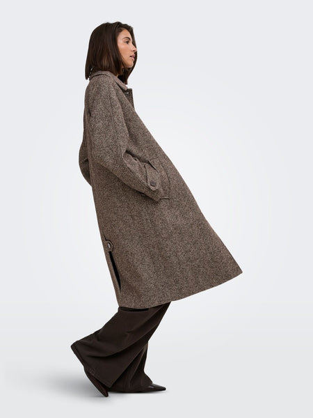 JDY Long Herringbone Coat in Chocolate