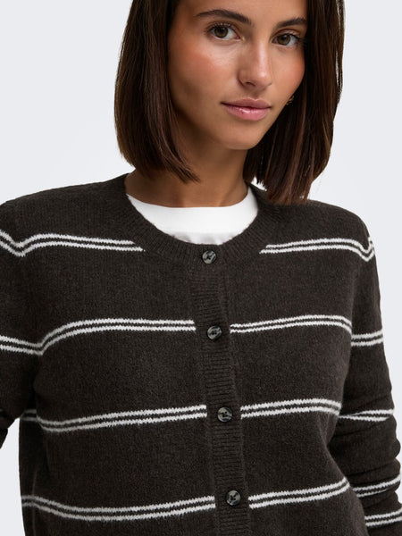 JDY Striped Short Knit Cardigan in Chocolate