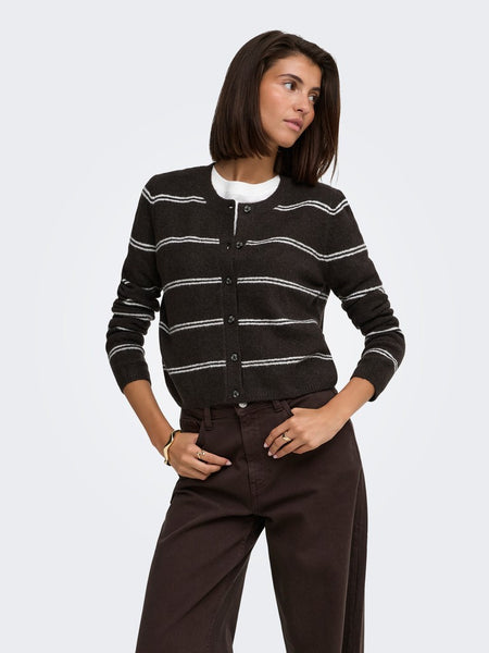 JDY Striped Short Knit Cardigan in Chocolate