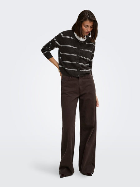 JDY Striped Short Knit Cardigan in Chocolate