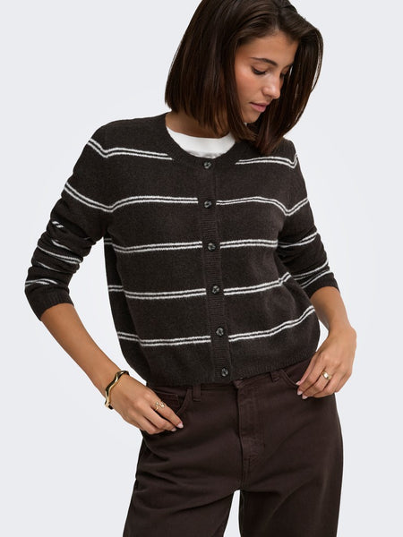 JDY Striped Short Knit Cardigan in Chocolate