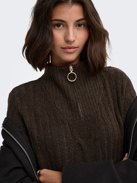 JDY Cable Knit 1/4 Zip Jumper in Brown