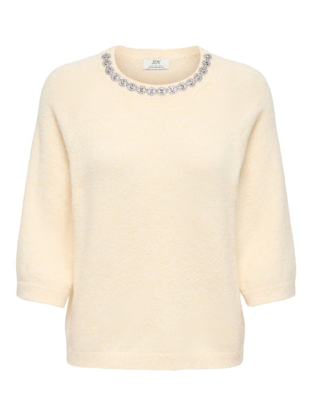 JDY 3/4 Sleeve Embellished Knit Jumper in Cream