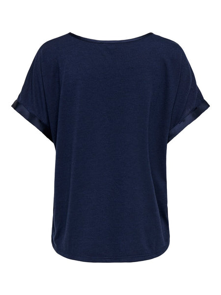 JDY Short Sleeve Satin Look Top in Navy